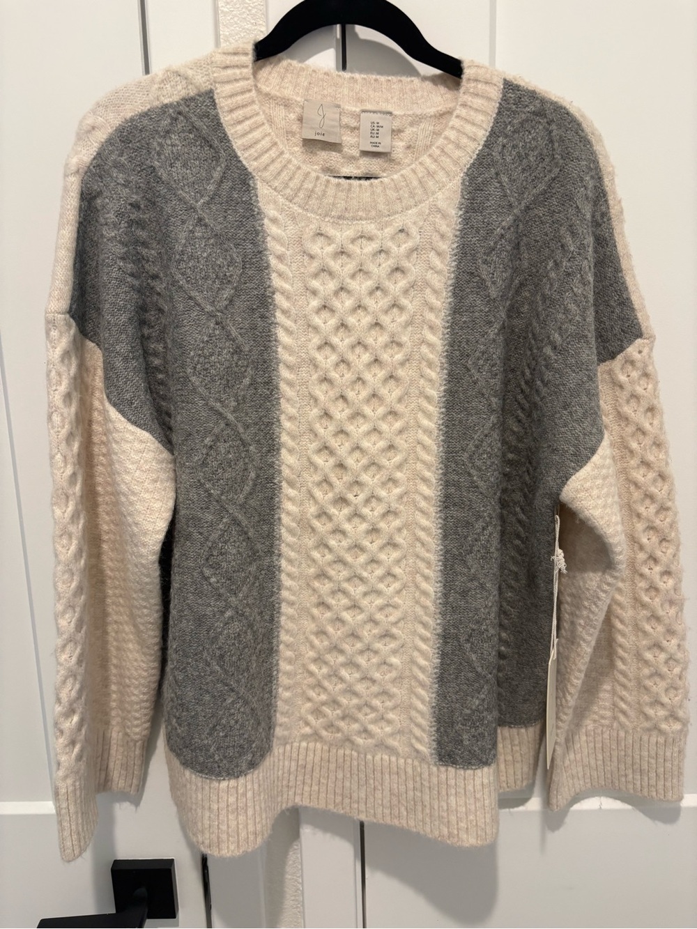 Joie Cream and Gray Cable-Knit Crewneck Sweater
